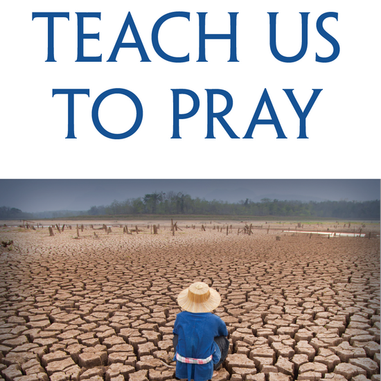 The image shows the cover of a book titled 'Teach Us To Pray' by Sandra Glanr, published as part of the Discovery Series. The cover features a sepia-tone photograph of a person praying in a dry, arid landscape with a blue sky and few clouds.