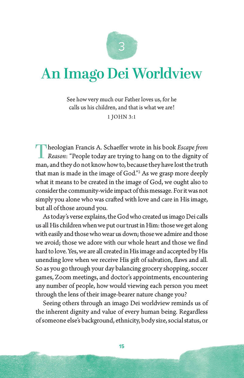 Book page with text reading "An Imago Dei Worldview," featuring a green color scheme in Already Whole by Ellen Wildman