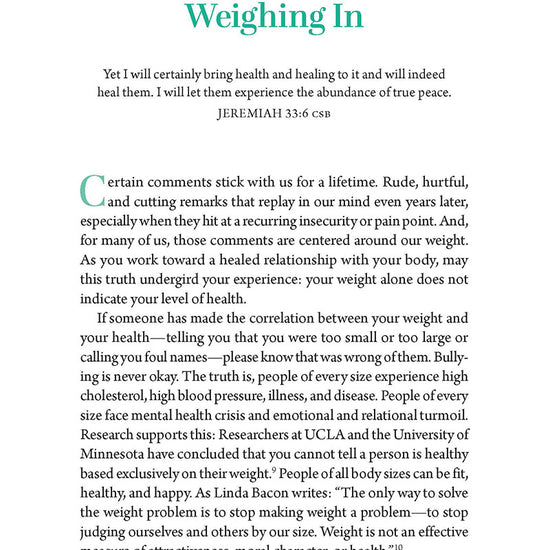 Book page with text reading "Weighing In," featuring a green color scheme in Already Whole by Ellen Wildman