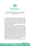 Book page with text reading "Weighing In," featuring a green color scheme in Already Whole by Ellen Wildman