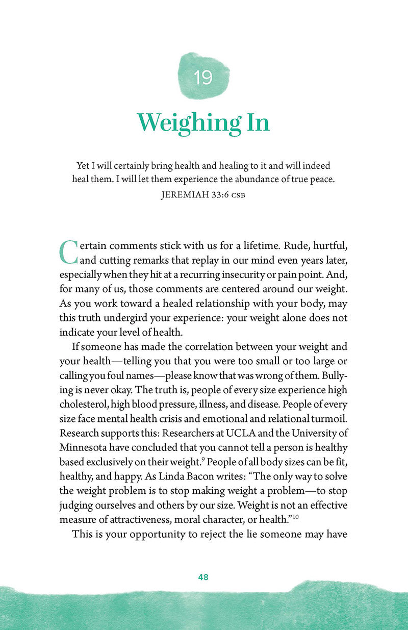 Book page with text reading "Weighing In," featuring a green color scheme in Already Whole by Ellen Wildman