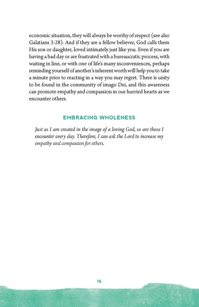 Book page with text reading "Embracing Wholeness," featuring a green color scheme in Already Whole by Ellen Wildman