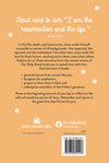 Back Cover of A Joyful Easter devotional book by Our Daily Bread Publishing, featuring a mostly peachy orange background with white flowers and a description of what is included in each day's devotional: personal story, Bible verse, prayer and reminders of the Father's goodness