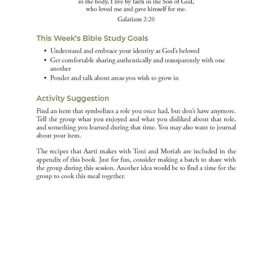 Bible study worksheet with memory verse, goals, and activity suggestion on a white background in the book 'Becoming Who God Says I Am' by Lina AbuJamra published by Our Daily Bread Publishing