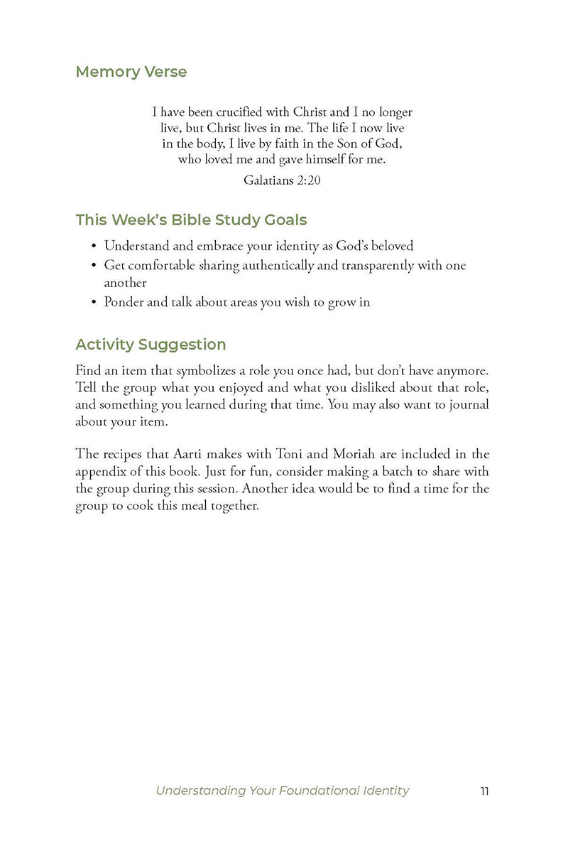 Bible study worksheet with memory verse, goals, and activity suggestion on a white background in the book 'Becoming Who God Says I Am' by Lina AbuJamra published by Our Daily Bread Publishing