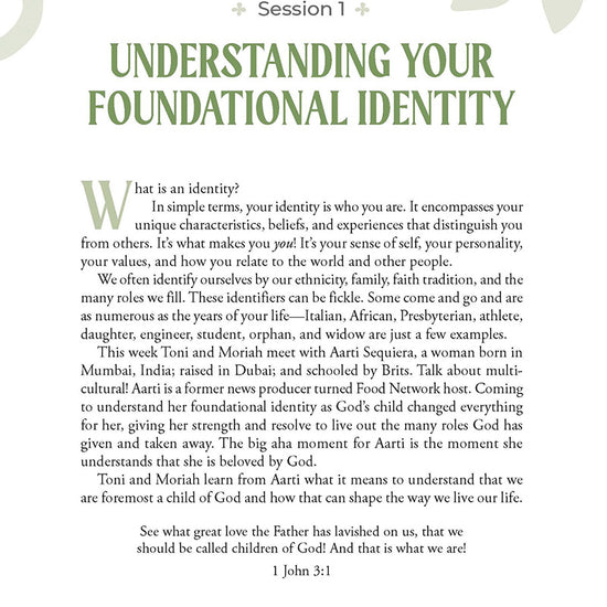 Book page titled 'Understanding Your Foundational Identity' with text and decorative elements from the book 'Becoming Who God Says I Am' by Lina AbuJamra published by Our Daily Bread Publishing