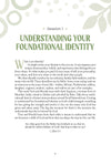 Book page titled 'Understanding Your Foundational Identity' with text and decorative elements from the book 'Becoming Who God Says I Am' by Lina AbuJamra published by Our Daily Bread Publishing