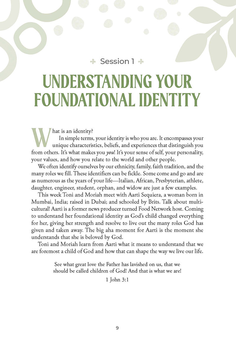 Book page titled 'Understanding Your Foundational Identity' with text and decorative elements from the book 'Becoming Who God Says I Am' by Lina AbuJamra published by Our Daily Bread Publishing