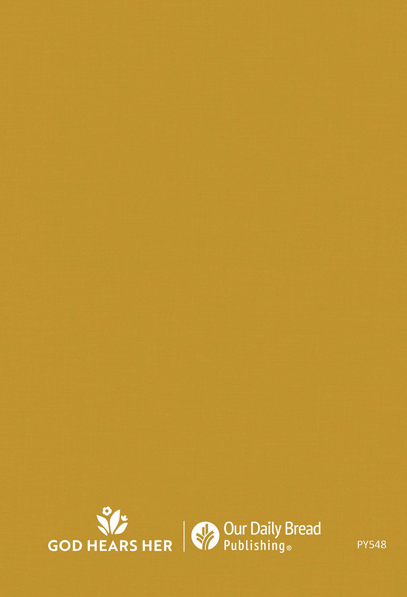 Back cover of 'God Loves Her' 365 Devotions for Women by Women book by Our Daily Bread Ministries, featuring a gold coloured background with 'Our Daily Bread' logo and no other imagery