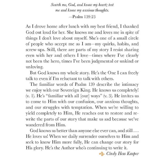 Text from January 3 devotional entitled God Knows Your Story on a white background with a gold emblem, featuring Psalm 139:1-6, 23-24 from 'God Loves Her' 365 Devotions for Women by Women book by Our Daily Bread Ministries 