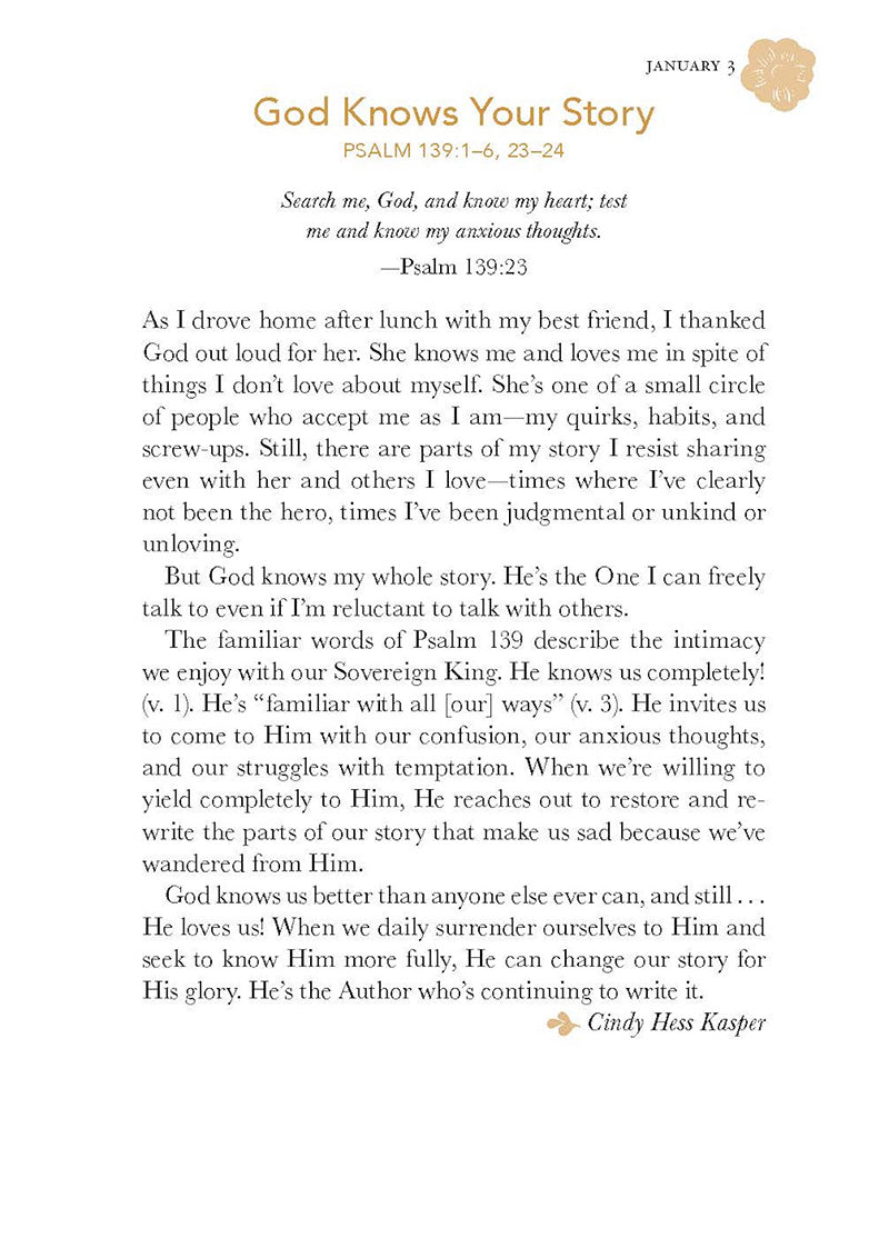 Text from January 3 devotional entitled God Knows Your Story on a white background with a gold emblem, featuring Psalm 139:1-6, 23-24 from 'God Loves Her' 365 Devotions for Women by Women book by Our Daily Bread Ministries 