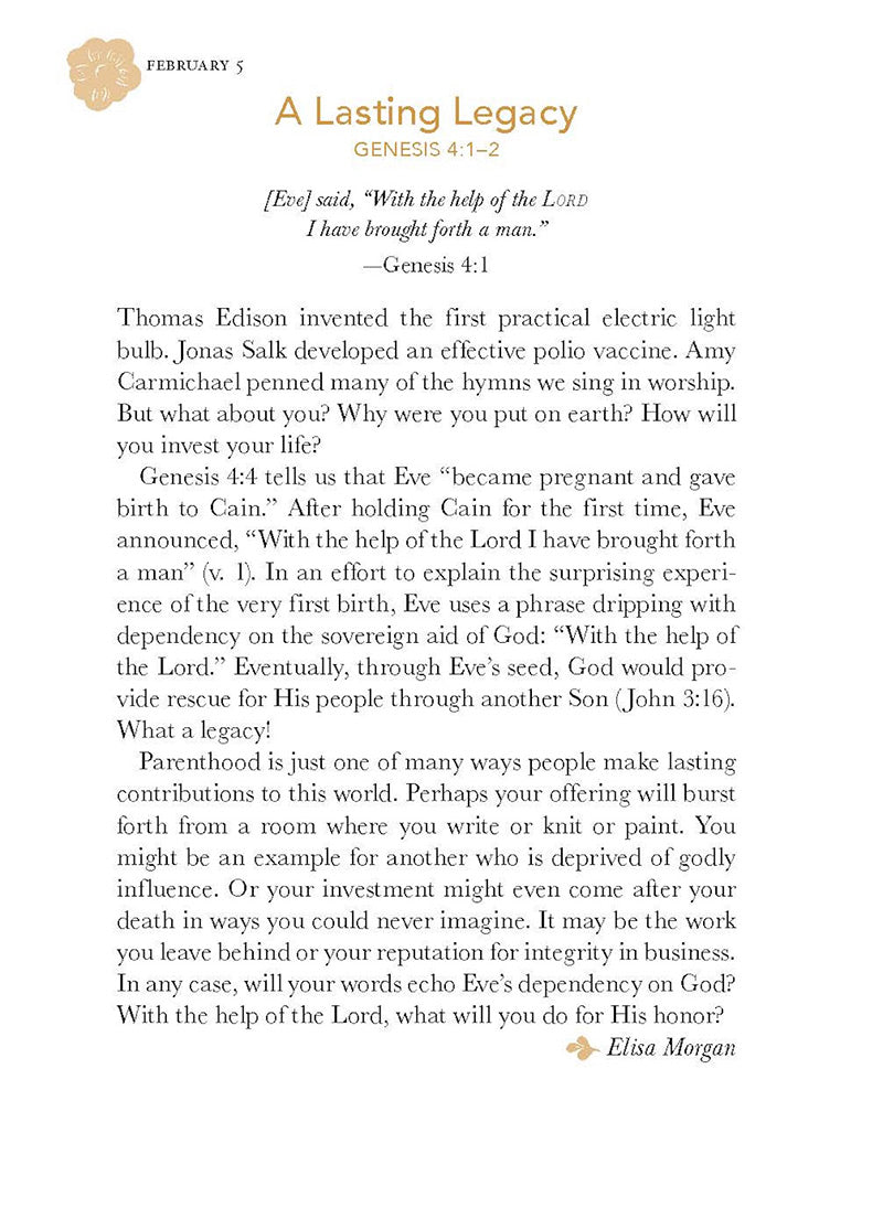 Text from February 5 devotional entitled A Lasting Legacy on a white background with a gold emblem, featuring Psalm 139:1-6, 23-24 from 'God Loves Her' 365 Devotions for Women by Women book by Our Daily Bread Ministries