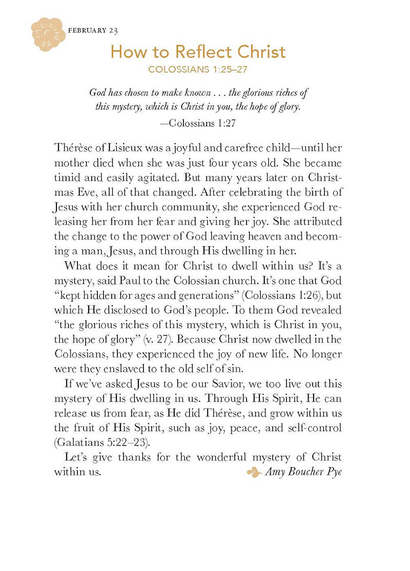 Text from February 23 devotional entitled How To Reflect Christ on a white background with a gold emblem, featuring Psalm 139:1-6, 23-24 from 'God Loves Her' 365 Devotions for Women by Women book by Our Daily Bread Ministries 