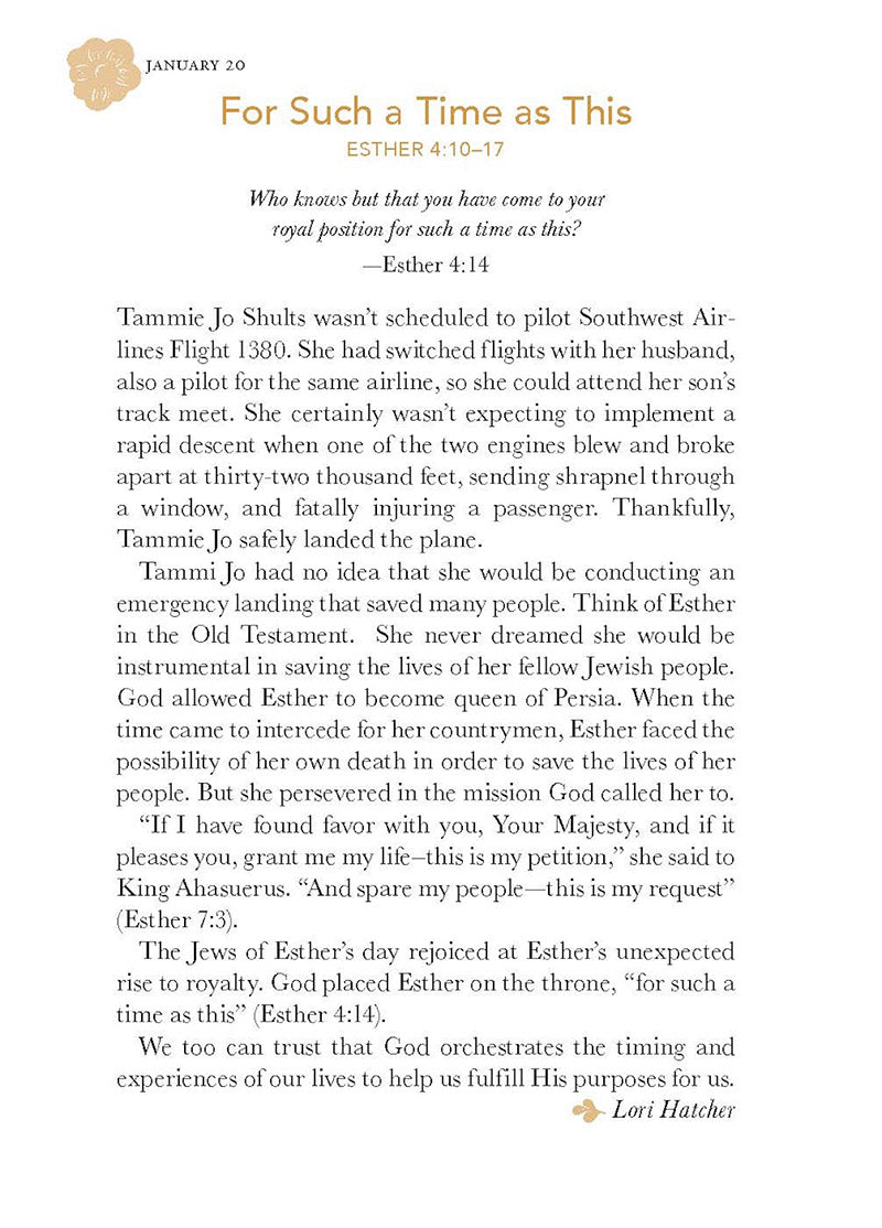 Text from January 20 devotional entitled For Such A Time Is This on a white background with a gold emblem, featuring Psalm 139:1-6, 23-24 from 'God Loves Her' 365 Devotions for Women by Women book by Our Daily Bread Ministries 
