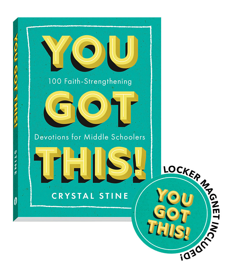 Book titled 'You Got This!' by Crystal Stine for middle schoolers, with a teal cover and yellow text, featuring an image of an accompanying magnet product that is sold with the kit