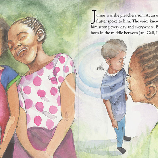 Interior illustration from A Voice As Soft As a Honeybee’s Flutter showing Junior listening to his sisters laugh