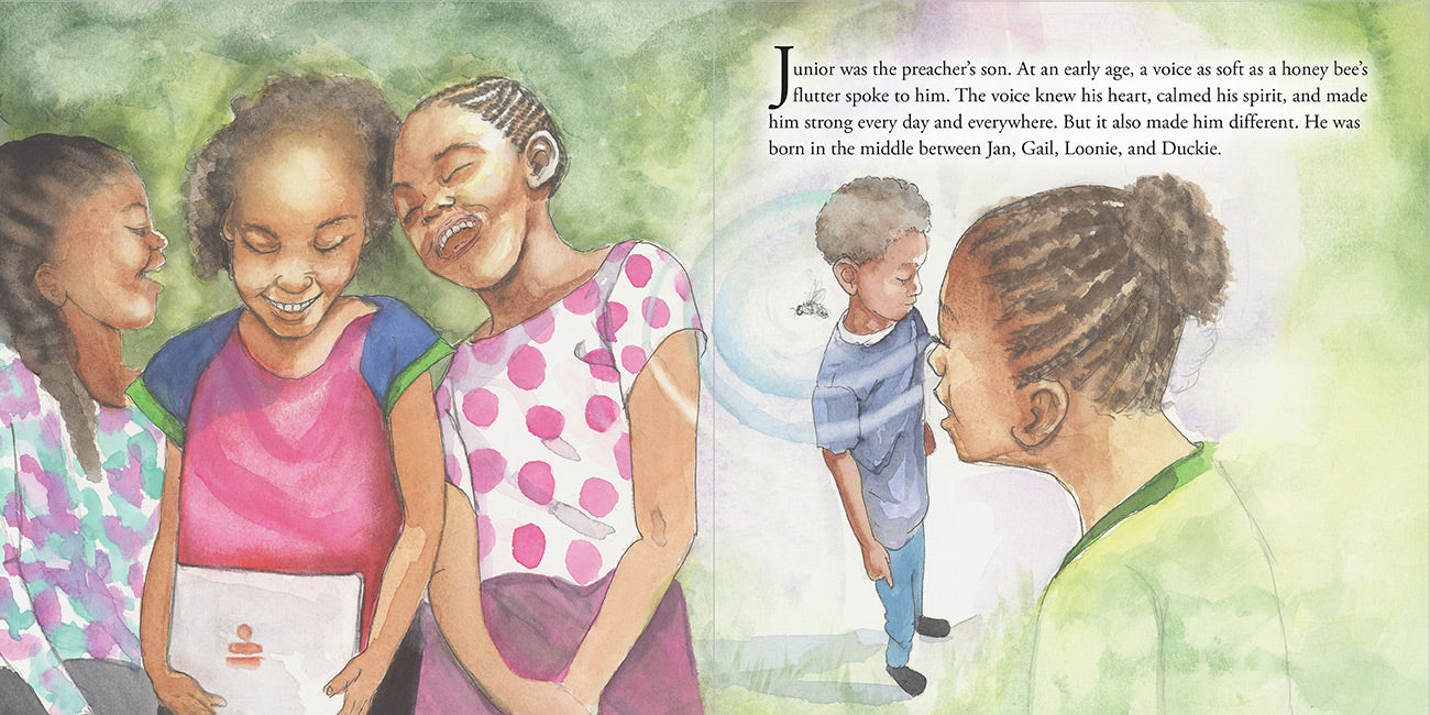 Interior illustration from A Voice As Soft As a Honeybee’s Flutter showing Junior listening to his sisters laugh