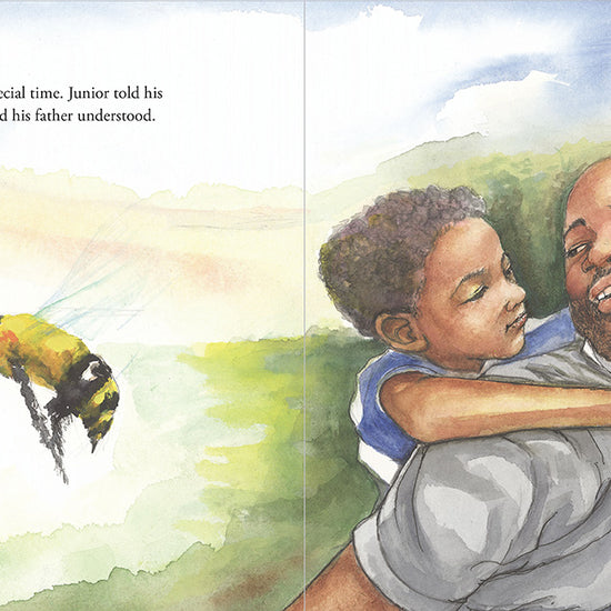 Illustration from A Voice As Soft As A Honeybee's Flutter, Junior smiles while riding on his father's back as a honey bee hovers near bright flowers