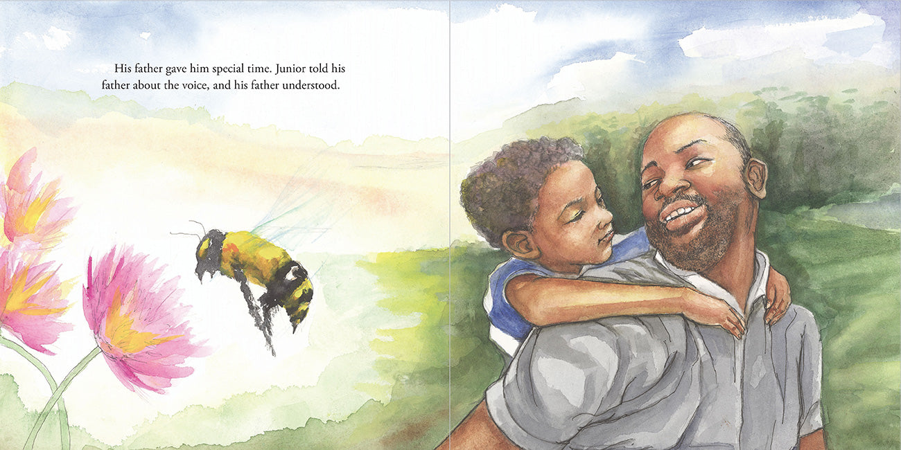 Illustration from A Voice As Soft As A Honeybee's Flutter, Junior smiles while riding on his father's back as a honey bee hovers near bright flowers