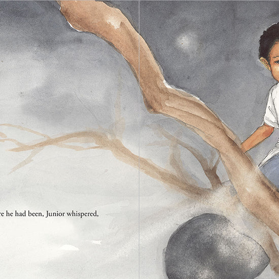 Interior illustration from A Voice as Soft As A Honeybee's Flutter of Junior sitting quietly in a large tree under a night sky reflecting and his prayer time with God