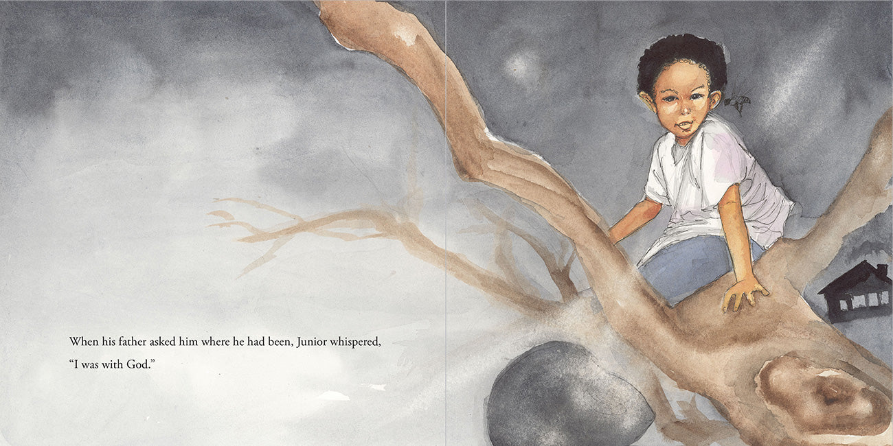 Interior illustration from A Voice as Soft As A Honeybee's Flutter of Junior sitting quietly in a large tree under a night sky reflecting and his prayer time with God