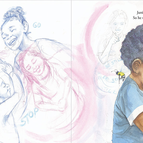 Interior illustration from A Voice As Soft As a Honeybee's Flutter of Junior standing alone with eyes closed as imagined voices swirl around him while a honeybee flies nearby.