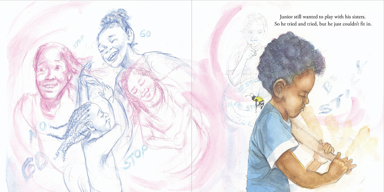 Interior illustration from A Voice As Soft As a Honeybee's Flutter of Junior standing alone with eyes closed as imagined voices swirl around him while a honeybee flies nearby.