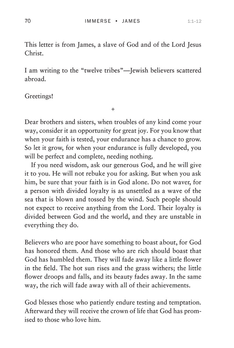 Text from New Testament book of James in 'Hebrews & James' from 'Immerse: The Reading Bible Journals' on a white background