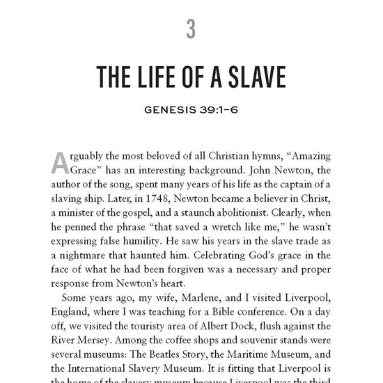 Chapter heading entitled Life of a Slave with Bible reference from Genesis in ' Joseph': Cultivating a Life of Dependence on God Bible study by Bill Crowder, with text on a white background