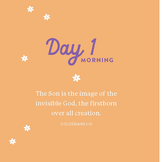 Mostly peachy orange page with small white flowers featuring the title Day 1: Morning with a Bible verse from A Joyful Easter devotional book by Our Daily Bread Publishing