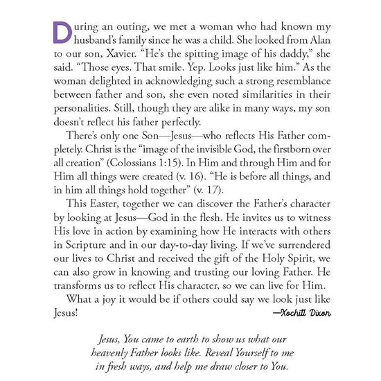Morning Devotional page from Day 1 entitled Spitting Image from A Joyful Easter devotional book by Our Daily Bread Publishing