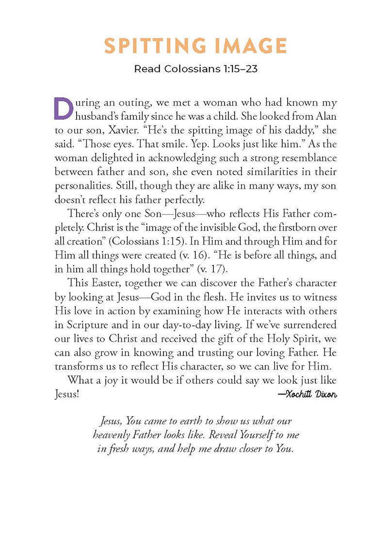 Morning Devotional page from Day 1 entitled Spitting Image from A Joyful Easter devotional book by Our Daily Bread Publishing