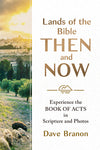 Book cover of 'Lands of the Bible Then and Now' by Dave Branon with a scenic view of Jerusalem sheep with text