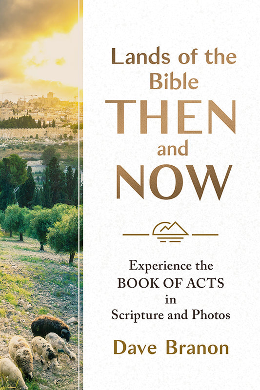 Book cover of 'Lands of the Bible Then and Now' by Dave Branon with a scenic view of Jerusalem sheep with text