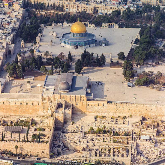 Aerial view of the temple mount in the 'Lands of the Bible Then and Now' book by Dave Branon