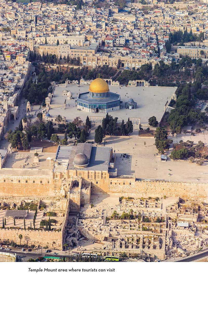 Aerial view of the temple mount in the 'Lands of the Bible Then and Now' book by Dave Branon