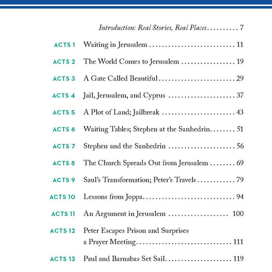 Table of contents for 'Lands of the Bible Then and Now' book by Dave Branon, featuring such chapters as A Gate Called Beautiful and Paul and Barnabas Set Sail