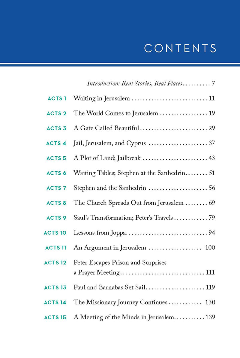 Table of contents for 'Lands of the Bible Then and Now' book by Dave Branon, featuring such chapters as A Gate Called Beautiful and Paul and Barnabas Set Sail