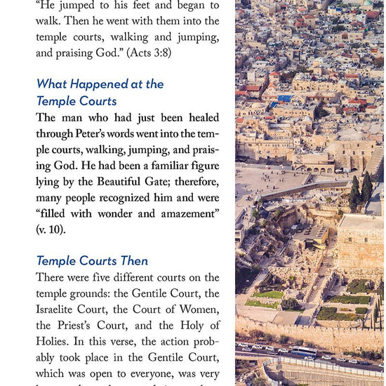 Text and photo discussing the temple courts in the 'Lands of the Bible Then and Now' book by Dave Branon