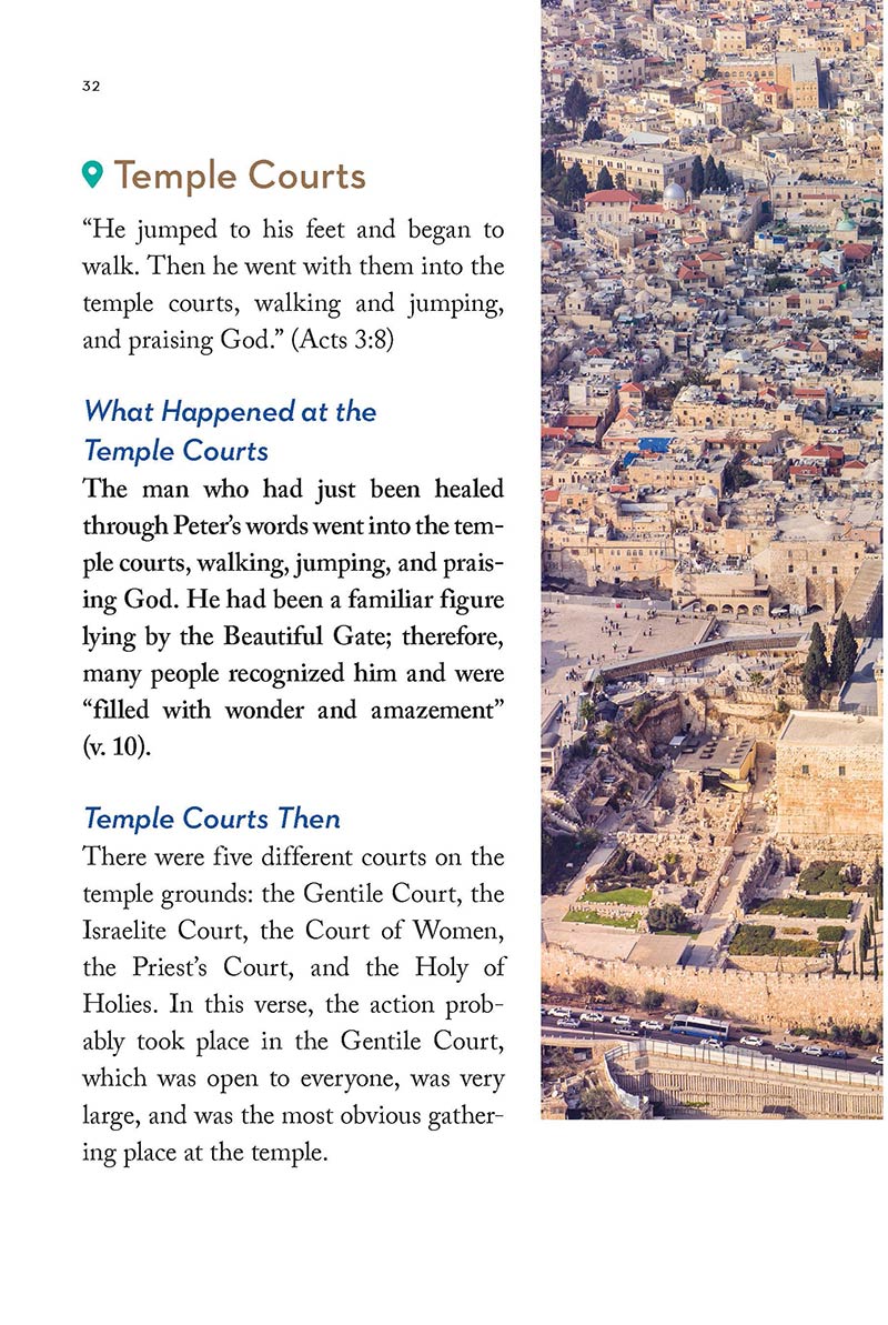 Text and photo discussing the temple courts in the 'Lands of the Bible Then and Now' book by Dave Branon
