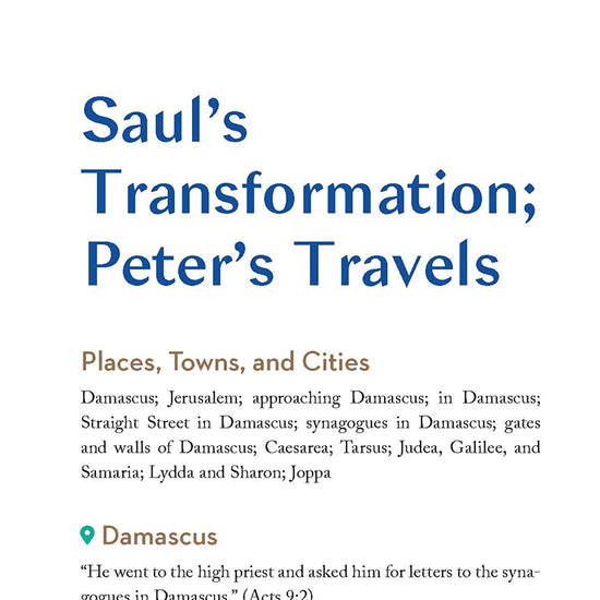 Chapter title in blue text called Saul's Transformation and Peter's Travels in the 'Lands of the Bible Then and Now' book by Dave Branon