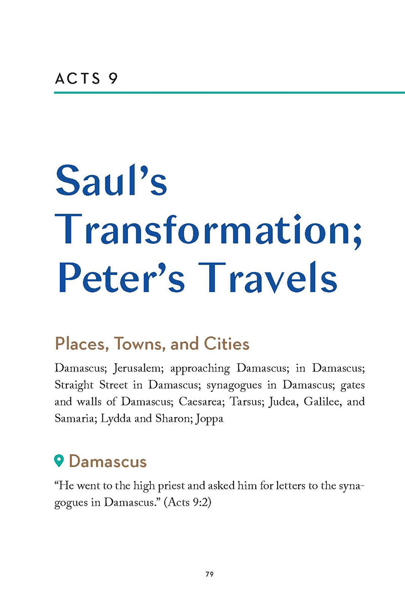 Chapter title in blue text called Saul's Transformation and Peter's Travels in the 'Lands of the Bible Then and Now' book by Dave Branon