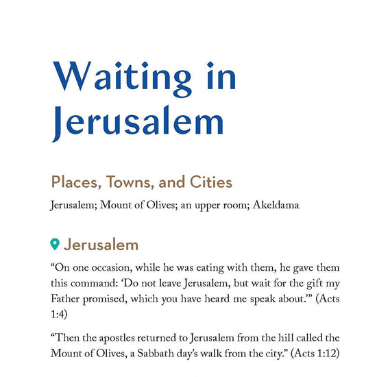 Chapter title in blue text called Waiting in Jerusalem in the 'Lands of the Bible Then and Now' book by Dave Branon