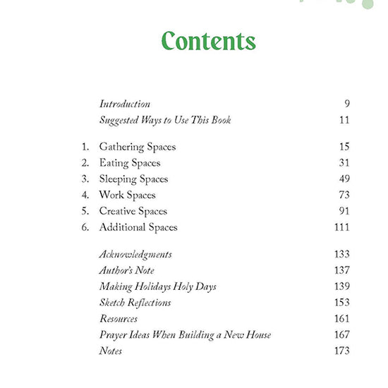 Table of contents from Making Room for God workbook by Cathy Baker which includes chapters such as Gathering Spaces, Eating Spaces, and Sleeping Spaces