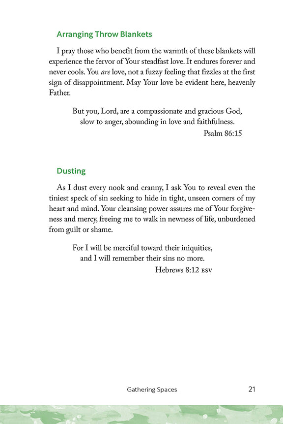 Text interior page from Chapter 1 Gathering Spaces in Making Room for God workbook by Cathy Baker that features prayers and Scripture for chores including arranging blankets and dusting