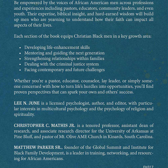 Back cover from Man to Man: African American Voices on Faith, Wisdom, and Perseverance book on a blue background