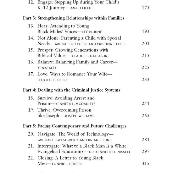 Table of contents page from Man to Man: African American Voices on Faith, Wisdom, and Perseverance book on a white background, featuring such chapters as Mentor and Serve Others' Success and Ways to Romance Your Wife