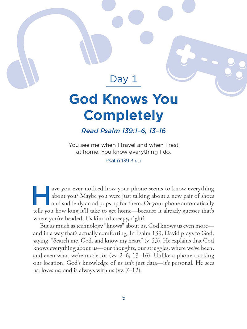 Chapter entitled God Knows You Completely from the book 'Moments with God for Teens' by Our Daily Bread Ministries with graphics of gaming device and headset in the background