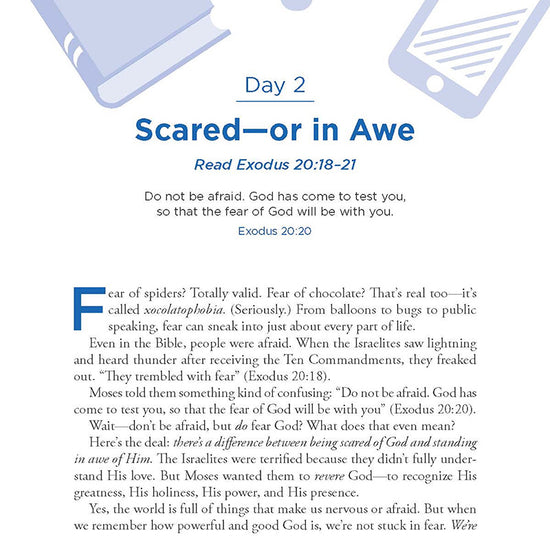 Chapter entitled "Scared or in Awe" in the book 'Moments with God for Teens' by Our Daily Bread Ministries on a white background with graphics of a phone and book