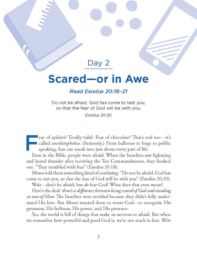 Chapter entitled "Scared or in Awe" in the book 'Moments with God for Teens' by Our Daily Bread Ministries on a white background with graphics of a phone and book